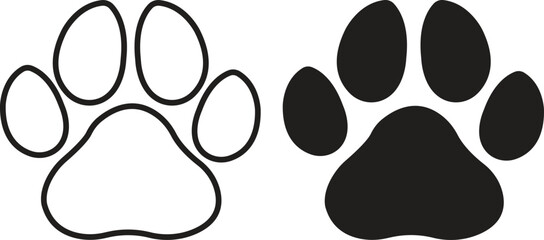 cat or dog paw print flat, icon set. for animal Paw vector foot trail of cat. Dog, puppy silhouette diagonal tracks patterns, showcases design, apps and web isolated on transparent background
