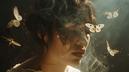 Surreal Portrait of Woman with Moths and Mist - 783397363