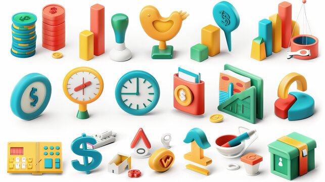 A set of 3D finance icons encompasses business and financial concepts, offering a range of symbols for various applications
