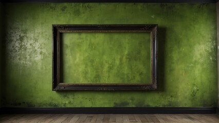 lime green grunge vintage wall background with empty art frame from Generative AI