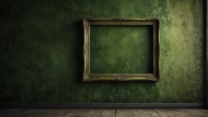 moss green grunge vintage wall background with empty art frame from Generative AI