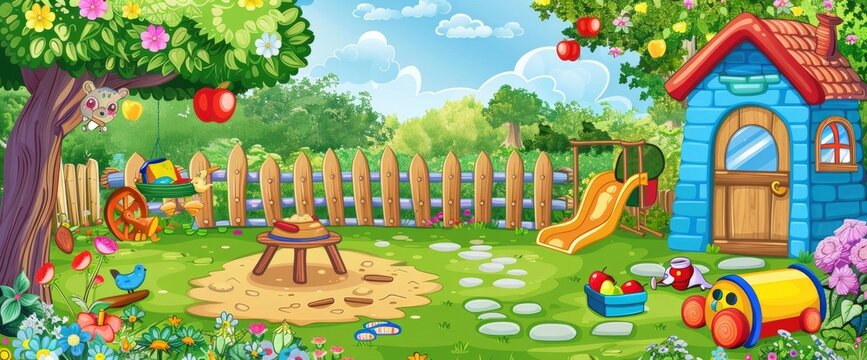 A cute cartoon backyard with a garden, fence and children's toys, Anime Background Images
