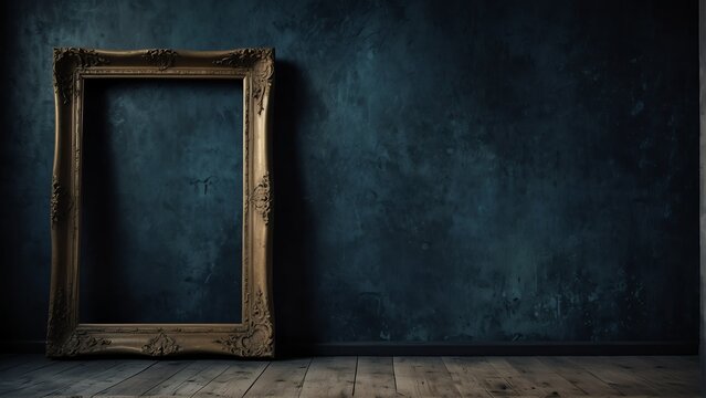 navy blue grunge vintage wall background with empty art frame from Generative AI