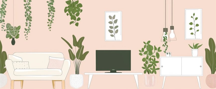 A simple drawing of an apartment interior with a TV, furniture and plants, Anime Background Images