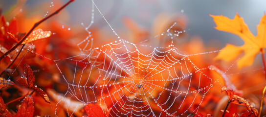 Autumn leaves with dew drops on a spider web close up
