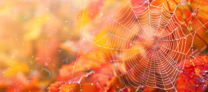 Autumn leaves with dew drops on a spider web close up
