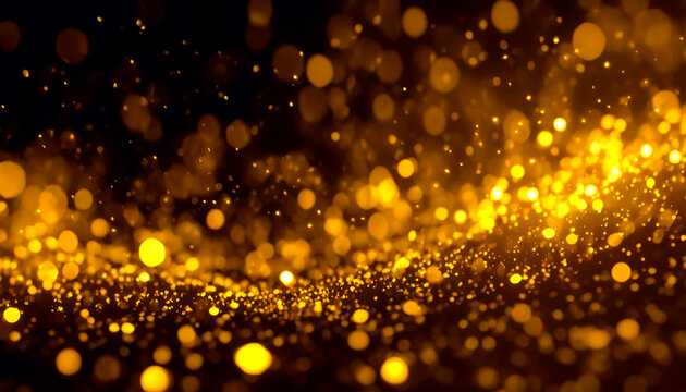 Luxury abstract background in black and gold color. Golden sparkles, like small sparkling lights, burn and glow, scattered in the form of a wave. Mockup background, empty space for text. Generative AI