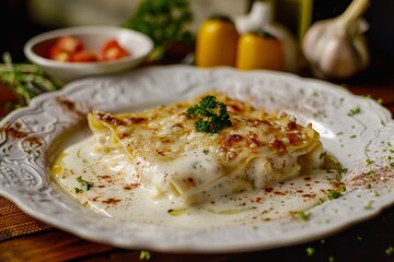 A portion of cheese lasagna on an ornate white plate, beautifully presented with garnish. Elegant White Plate of Cheese Lasagna