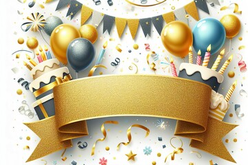 golden banner with ribbon for invitation with empty copy space, birthday, party celebration