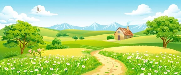 beautiful cartoon landscape with house in the distance, mountains and trees, path leading to cottage, Anime Background Images