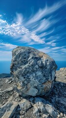 A rock on top of a mountain, rising majestically against a blue sky dotted with a few clouds. A firm and imposing stone in a clear and serene sky.