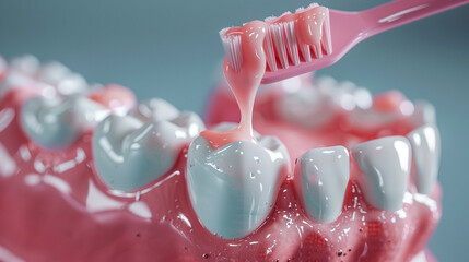 An anatomically accurate 3D model of a tooth with a toothbrush applying toothpaste emphasizing the correct way to brush - obrazy, fototapety, plakaty