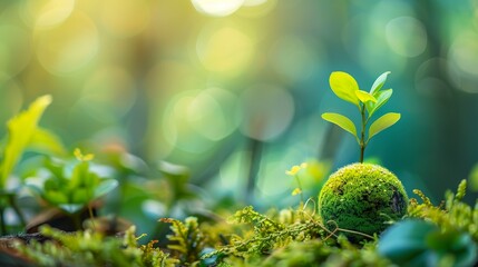 A green plant grows vigorously in a moss sphere, creating a naturally enchanting scene. Plant with lush emerald green leaves in harmony with plant life. - obrazy, fototapety, plakaty