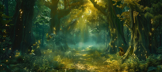 Obraz premium Fantasy landscape with old tree and lanterns, with fog and light.