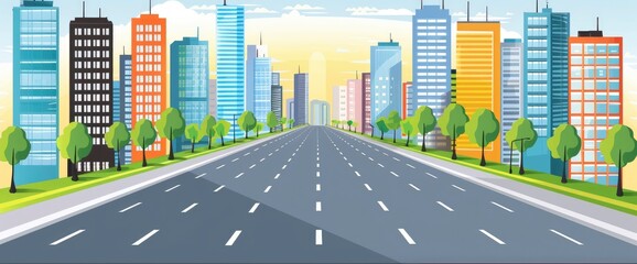 cartoon city street, buildings on the right and left sides of the road, trees along the sidewalk, sunset sky, Anime Background Images