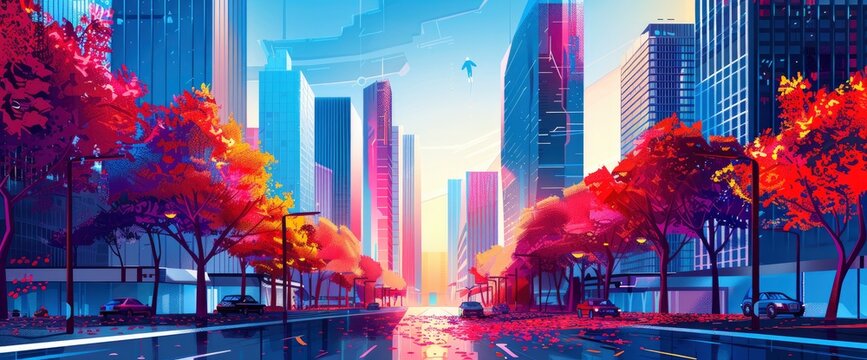 cartoon city street, buildings on the right and left sides of the road, trees along the sidewalk, sunset sky , Anime Background Images