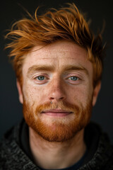 Portrait of confident adult man with beard and blue eyes close up
