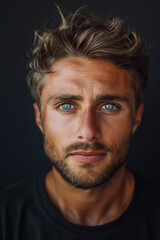 Portrait of confident adult man with beard and brown eyes close up