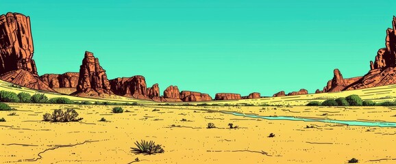 Illustration of the Australian outback desert in the comic style with simple lines , Anime Background Images