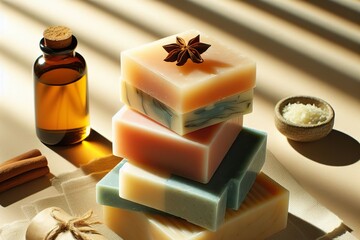 Stack of artisanal soaps for the body on neutral background bathed in sunlight