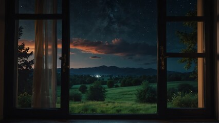 summer night landscape nature view from a window background from Generative AI