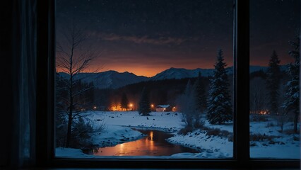 winter night landscape nature view from a window background from Generative AI