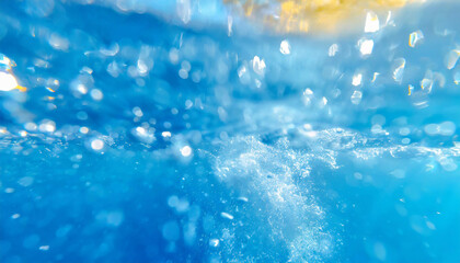 Defocused blurred transparent blue colored clear calm water surface texture with splashes and...