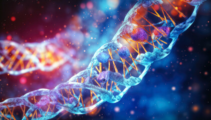 3d rendering of dna molecule on color background with light effects