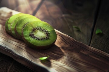 Fresh green kiwi slices on a natural wooden surface with soft background light. Sliced Kiwi Fruit on Wooden Background - Powered by Adobe