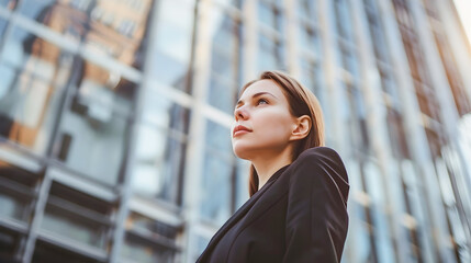 Fototapeta premium Businesswoman Contemplating in Front of a Tall Building