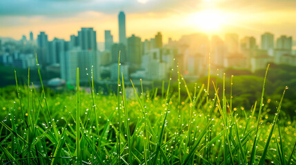 Cityscape at Sunrise with Dewdrops on Grass