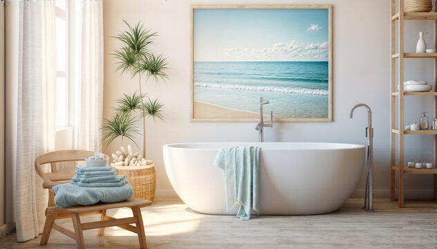 Modern bathroom interior with bathtub, sea view and decoration. 3d render