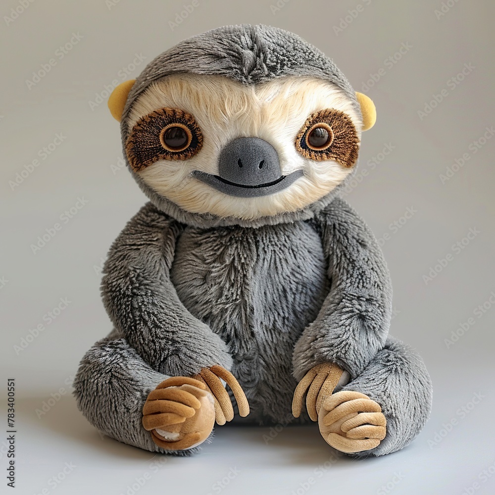 Wall mural A cute sloth stuffed toy on a white background exuding an aura of sweetness and innocence. Soft stuffed sloth with a friendly expression. - Wall murals
