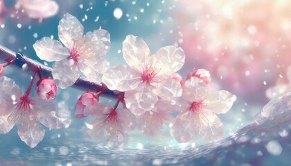 Beautiful cherry blossom petals shine magically in the ice, with a pleasant breeze blowing in the background. - obrazy, fototapety, plakaty