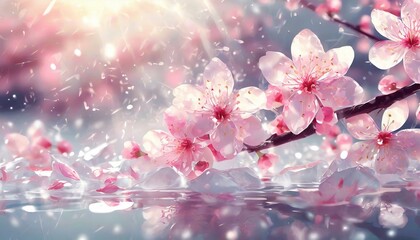 Beautiful cherry blossom petals shine magically in the ice, with a pleasant breeze blowing in the background.