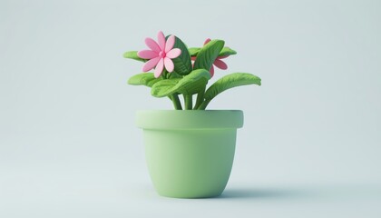 Pink flower in green pot on pastel blue background, 3D rendering, isolated on solid color. A serene still life with a vibrant pink flower in a green pot on a pastel blue background. 