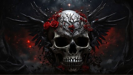 Gothic Reverie: Black Angel Skull Trees, Celestial Bodies, and Crimson Essence