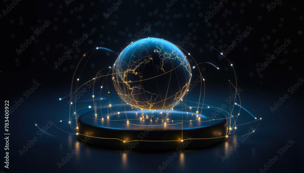 Poster glowing globe with glowing lines and dots on dark background 3d rendering