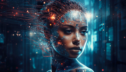 Cyborg woman cyborg face on abstract digital background 3D rendering