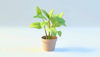 Small houseplant in a brown flower pot on a white background. 3D rendering of a cartoon plant. 3D rendering of a small houseplant in a brown flower pot with green leaves on a white background. 