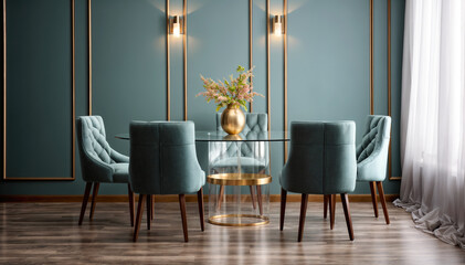 Green armchairs and round table in modern interior. 3d render