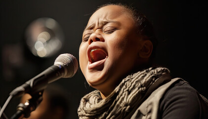 Music Concert Joy: Teen with Down Syndrome Sings on Stage at Concert, Spreading Musical Joy and...
