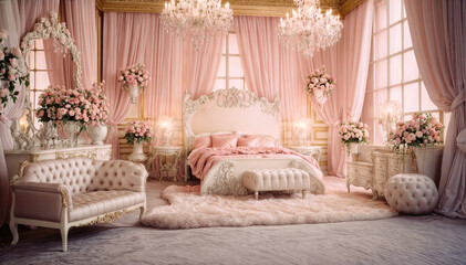 Luxury bedroom interior with pink curtains. 3d render. - obrazy, fototapety, plakaty