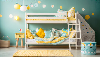 Interior of child's room with wooden bunk bed and yellow pillows