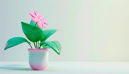 Pink flower in green pot on pastel blue background, 3D rendering, isolated on solid color. 3D cartoon, cute green potted plant with pink flower, white background, pastel light colors.