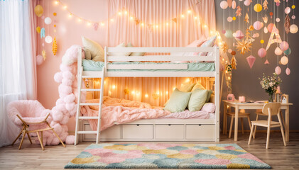 Interior of child room with wooden bunk bed, chairs and toys - obrazy, fototapety, plakaty