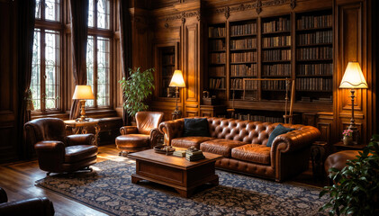 Luxury leather sofa and bookshelf in the library.