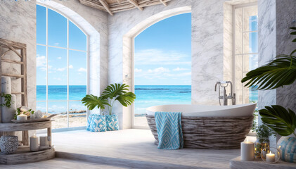 Obraz na płótnie Canvas luxury sea view bath room with open windows