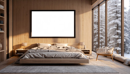 3d rendering of modern wooden bedroom in house with winter forest view photo frame Mockup