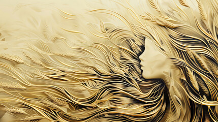 Mother nature abstractly depicts a woman's face in profile with wheat and ears surrounding her, ideal artwork for print. Ai generative.